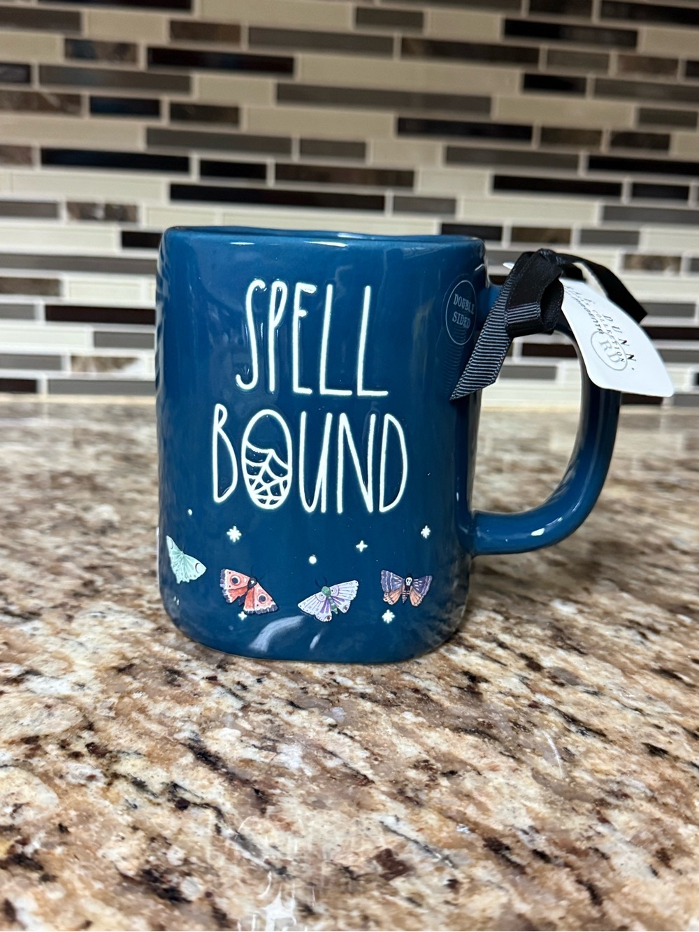 Rae Dunn Teal Blue 'Spell Bound' Ceramic Mug with Moth Accents